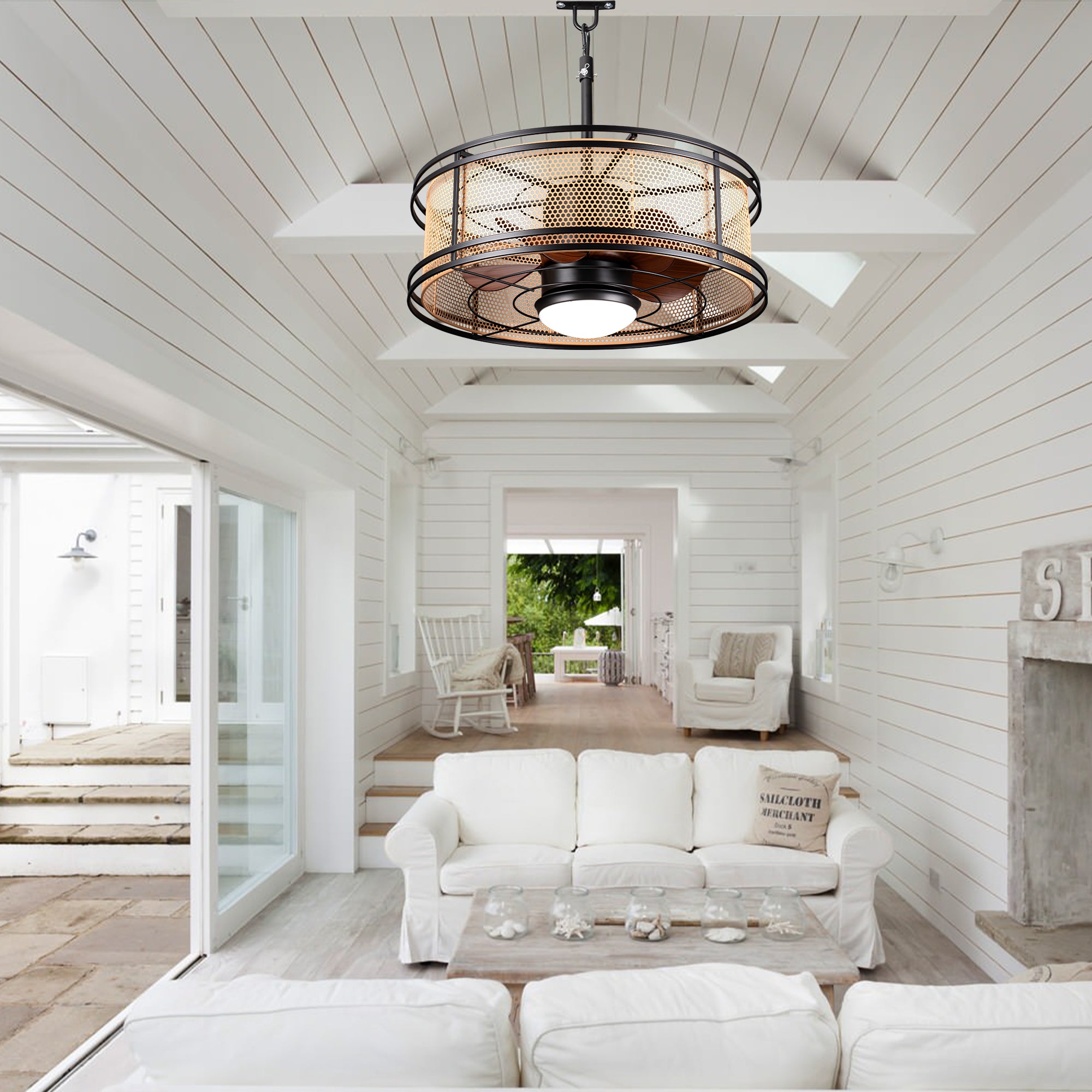 HW2307-BellaDepot 23.6" Imitation Rattan Outdoor Ceiling Fan with Remote and LED Lights, DC Motor 6 Speeds Ceiling Fan