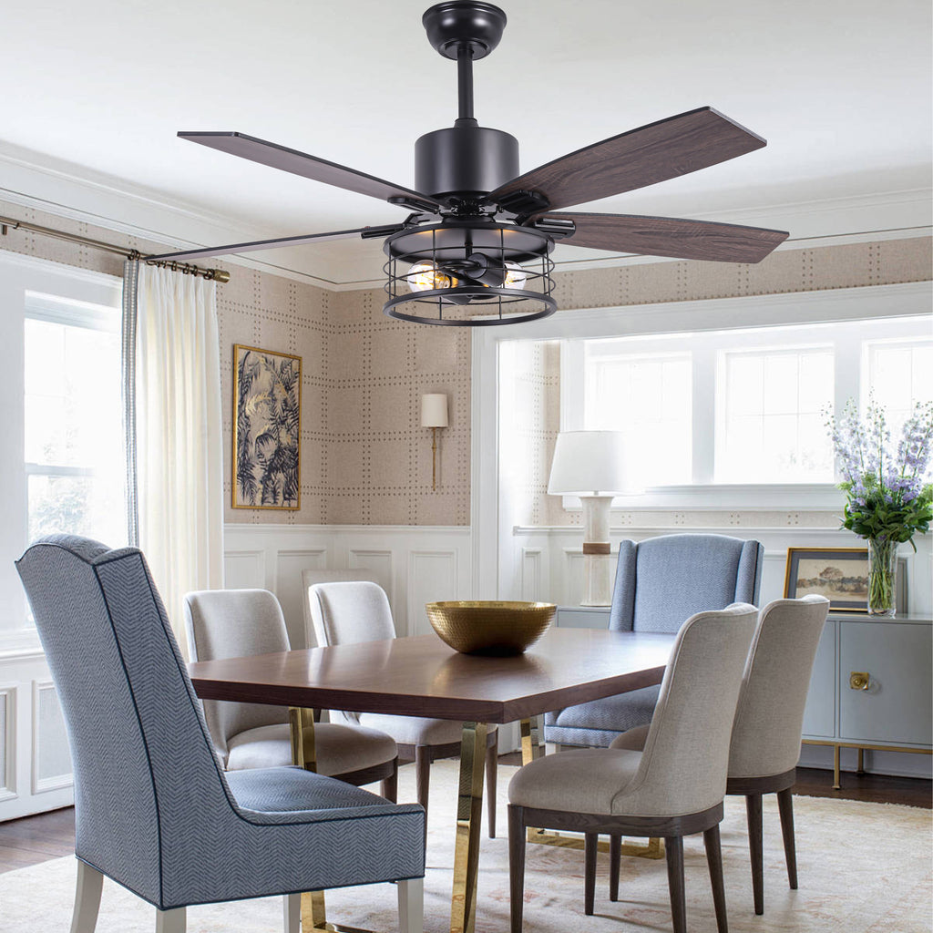 46 Inch 5-Blade Black Industrial Ceiling Fan with Lights and Remote Control, 6 Speeds DC Motor Caged Ceiling Fan for Living Room