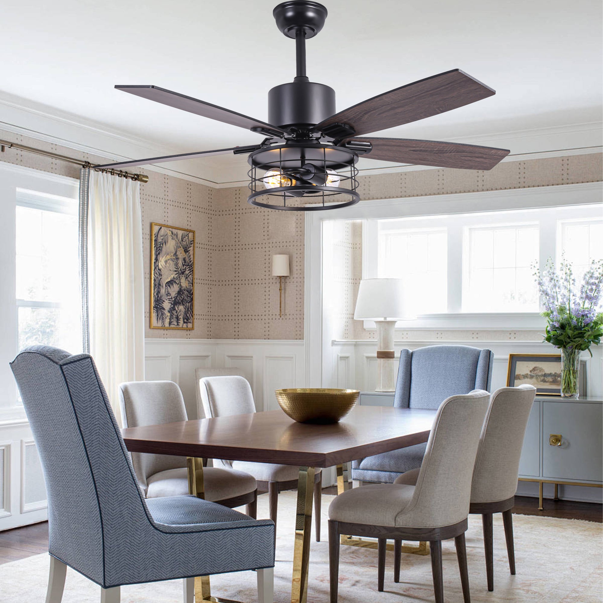 46 Inch 5-Blade Black Industrial Ceiling Fan with Lights and Remote Control, 6 Speeds DC Motor Caged Ceiling Fan for Living Room