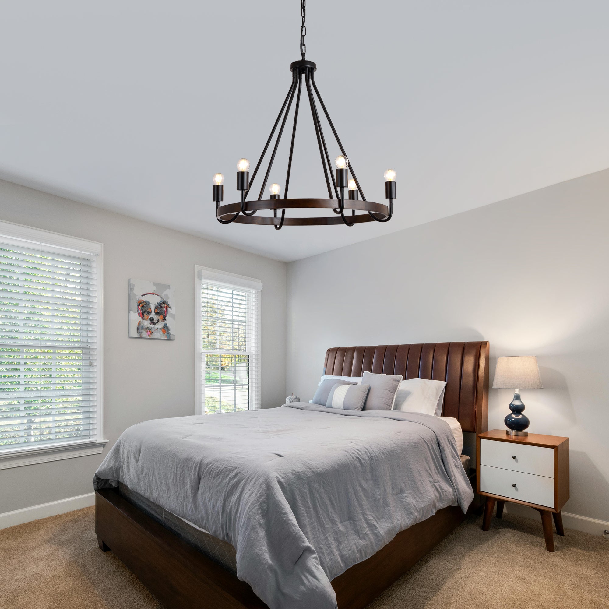 6 - Light Black Farmhouse Small Wagon Wheel Chandelier, 28" Round Chandelier Foyer Chandeliers with Height Adjustable