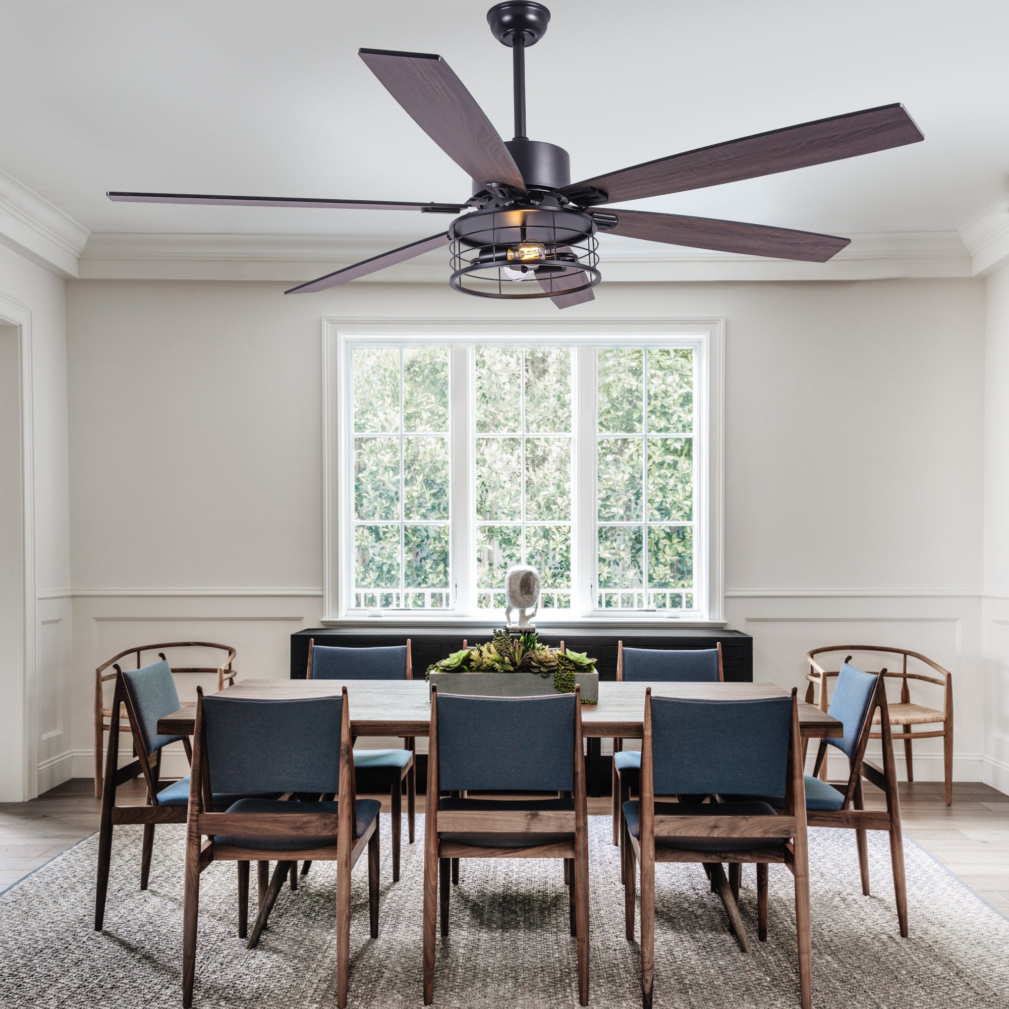 65 Inch Black Modern Industrial Ceiling Fan with Lights and Remote Control,6 Speeds Reversible Ceiling Fan for Large Rooms