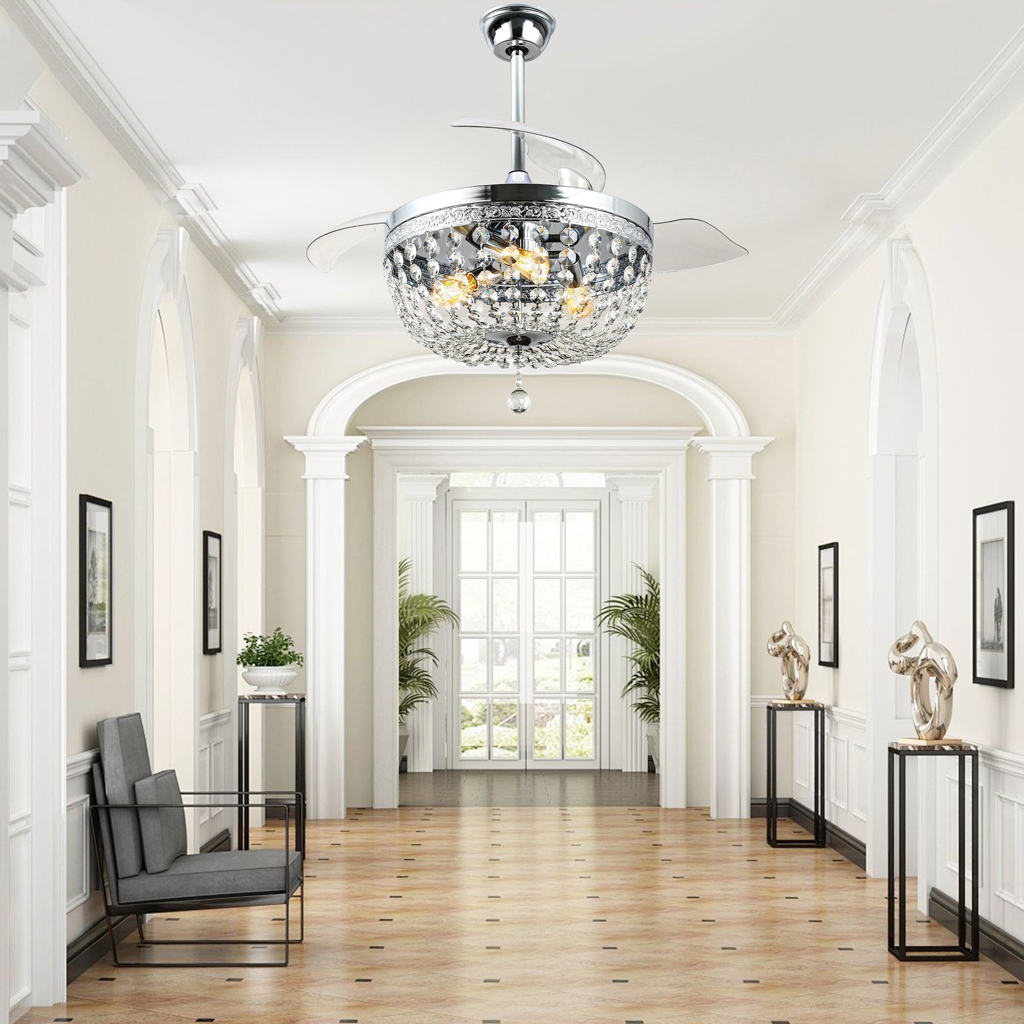 DC4269-C-BellaDepot 42" Retro Silver Crystal Chandelier Ceiling Fan with Invisible Blades and Remote Control, Retractable Ceiling Fan for Living Room