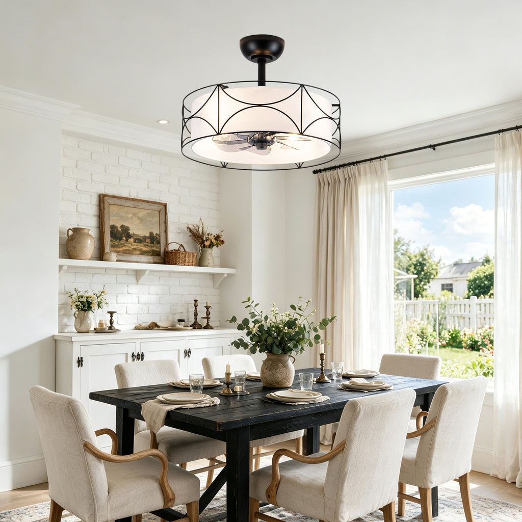 Bohemia Style 20 Inch Caged Retractable Ceiling Fan with Light Quiet Reversible DC Motor 6 Speed Timer Remote Control Ceiling Fan Adjustable Down Rods Ceiling Fan Suit for Kitchen, Bedroom,Living Room