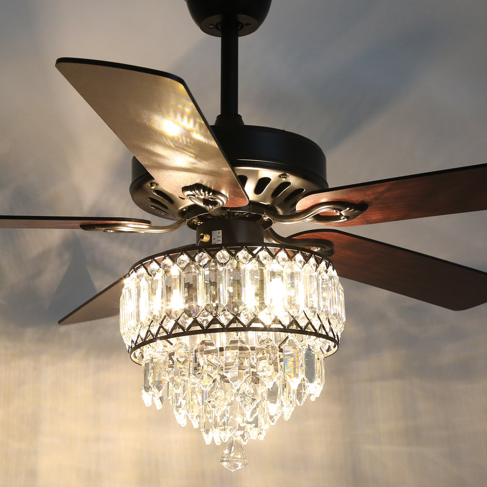 BD2044-52" Popular Large Size Dazzling Luxury Crystal Reversible Wooden Ceiling Fan with Remote and Lights 5 Blades