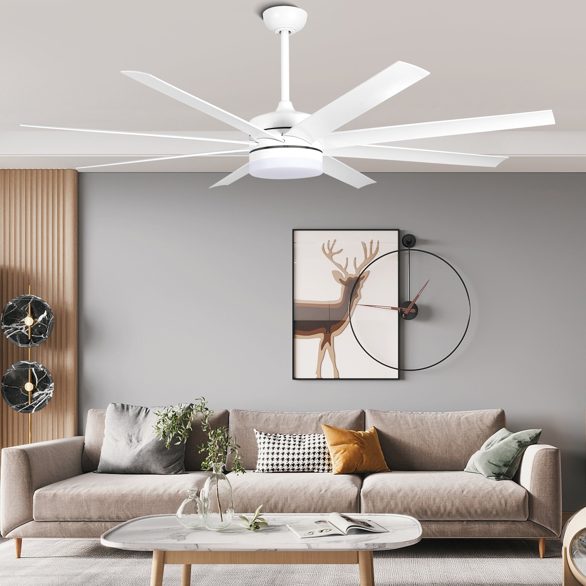 DC6505GED-BellaDepot 65" 8 Blades Simple Modern Reversible Ceiling Fan with Remote and LED Light Kit Included, 6-speed Dimmable Ceiling Fan