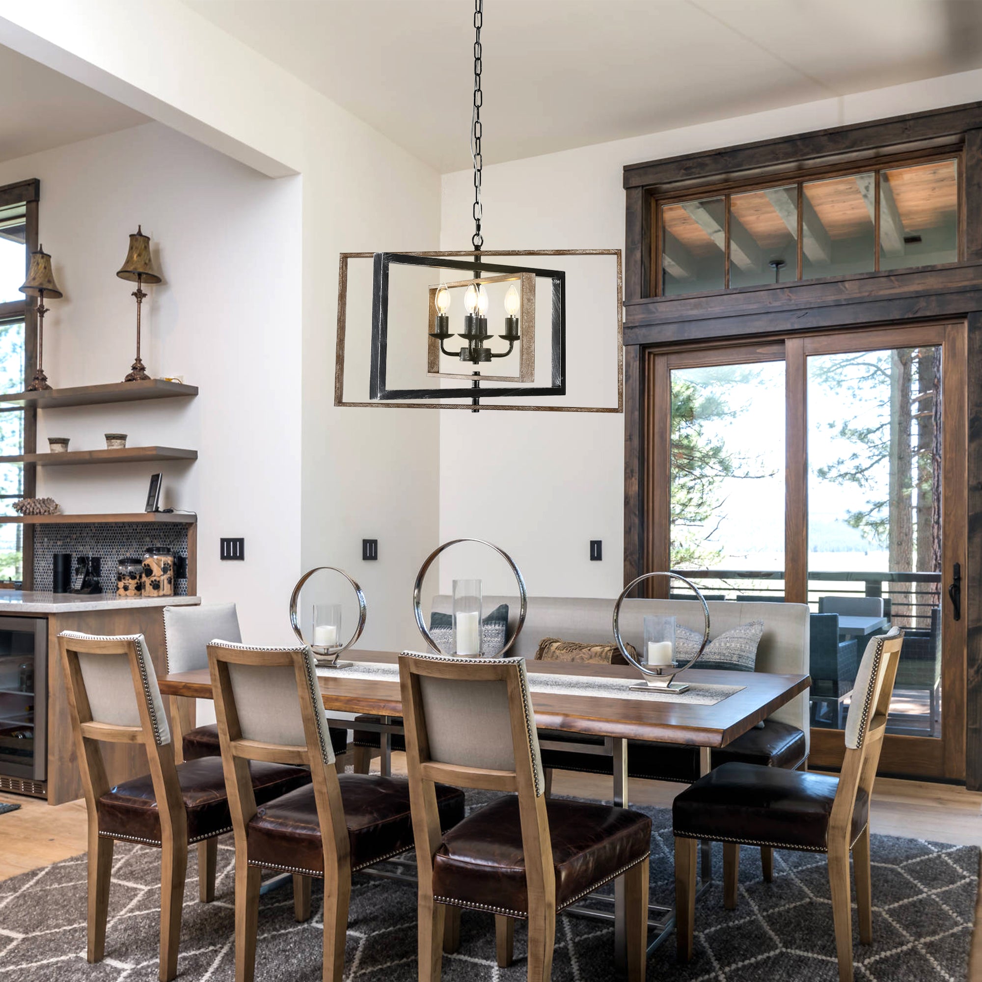 FC4114-BellaDepot 4 Lights Geometric Wood Chandelier, Height Adjustable Home Decoration Pendant Light