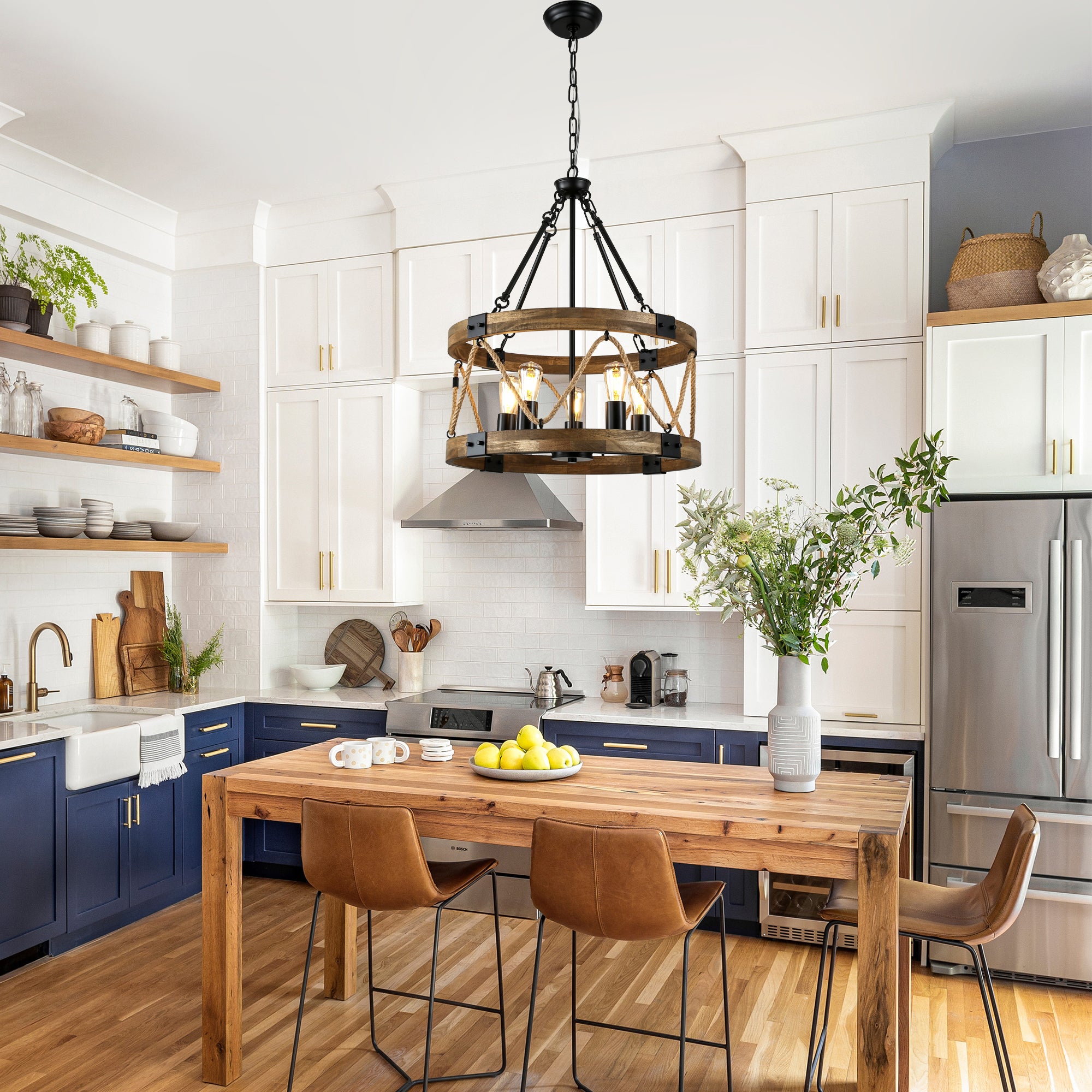 FC4116-BellaDepot 5 Lights Geometric Wood Chandelier, Height Adjustable Home Decoration Pendant Light