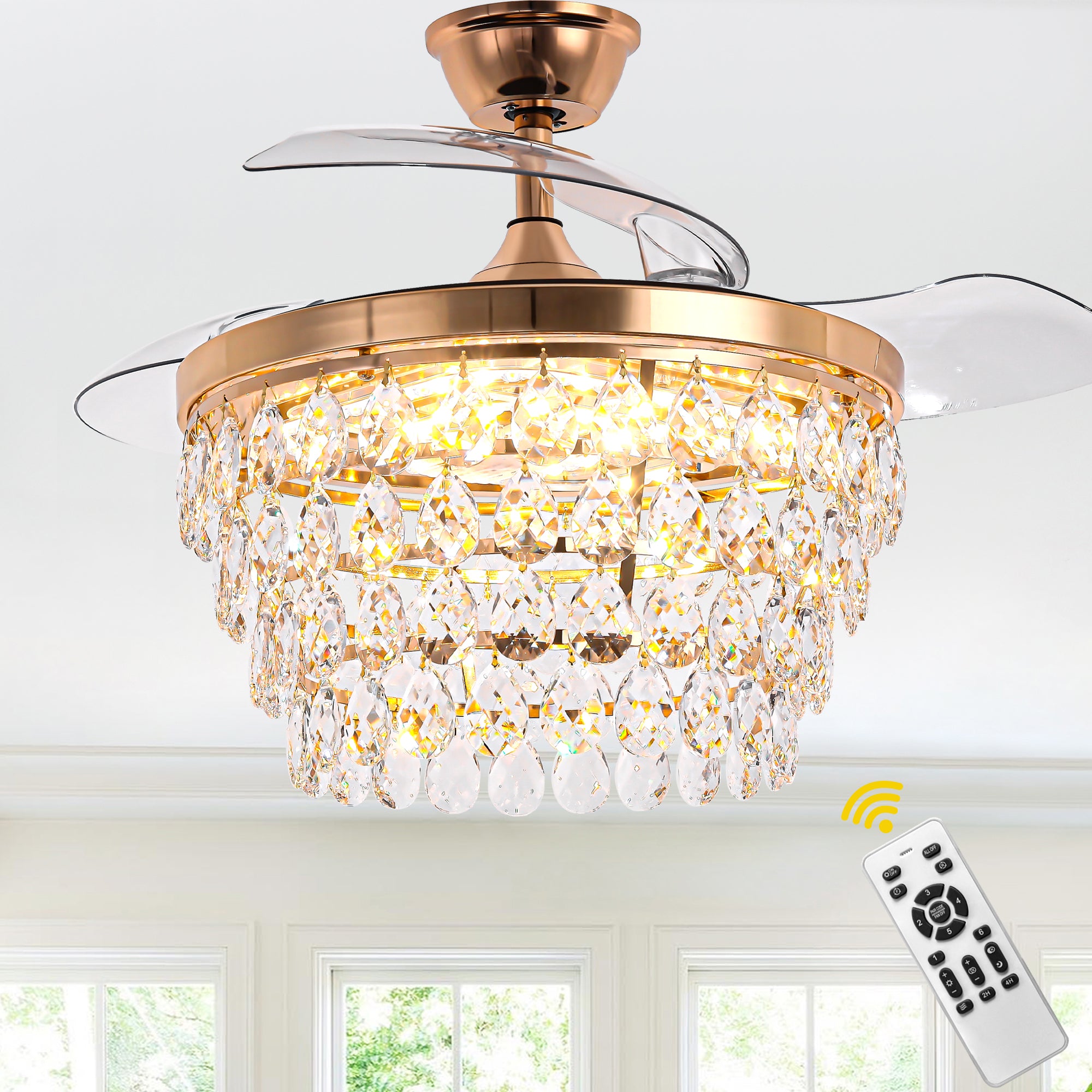 DC4270-BellaDepot 42" Silver or Gold Crystal Chandelier Ceiling Fan with Remote and Lights, Retractable Blades Ceiling Fan