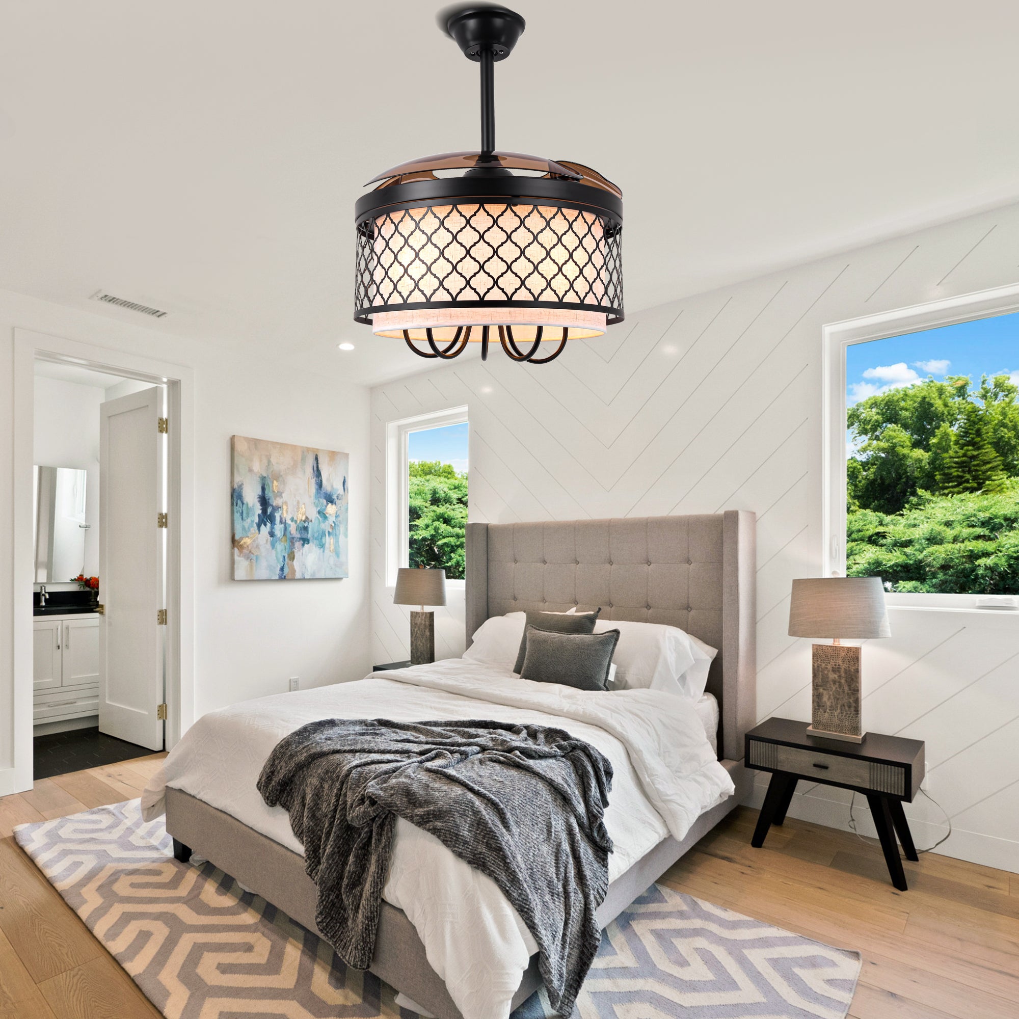 42 Inch Farmhouse Retractable Ceiling Fan with Lights and Remote Control, 6 Speeds DC Motor Bladeless Ceiling Fan for Bedroom