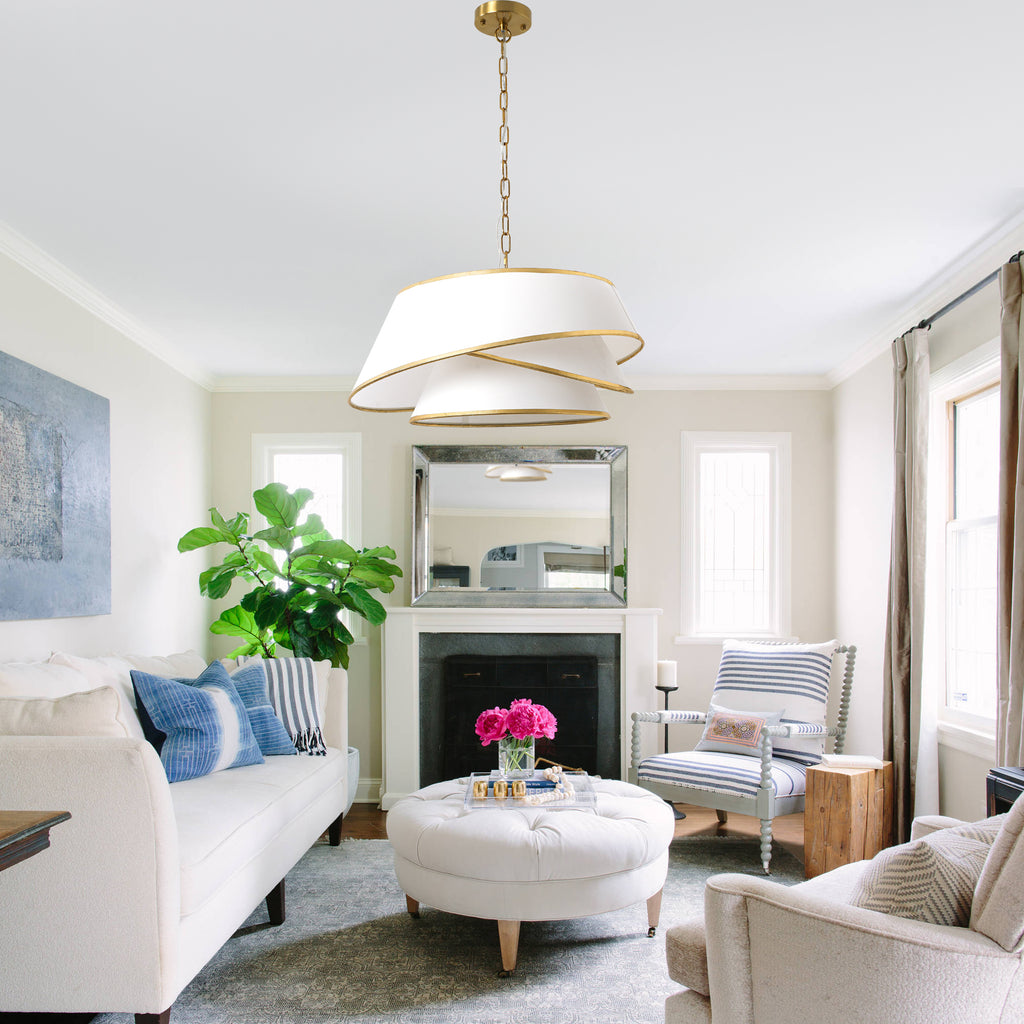 4-Light Mid Century Modern Drum Chandelier, Three-Tier Gold Chandelier with Fabric Shades, Modern Drum Light Fixtures for Dining Room