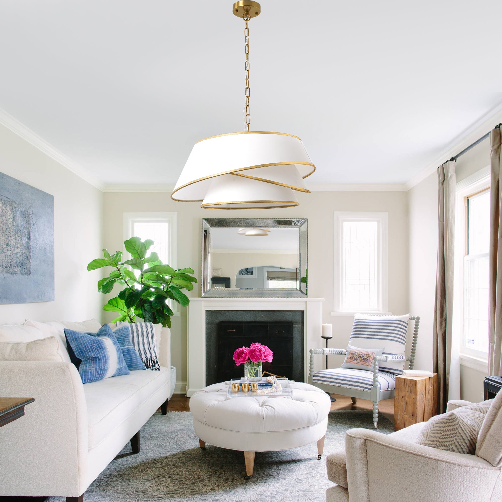 4-Light Mid Century Modern Drum Chandelier, Three-Tier Gold Chandelier with Fabric Shades, Modern Drum Light Fixtures for Dining Room