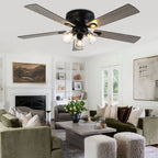 52/60 Inch Black Farmhouse Flush Mount Ceiling Fan with Lights and Remote Control, 6 Speeds DC Motor Low Profile Ceiling Fan with Glass Shade