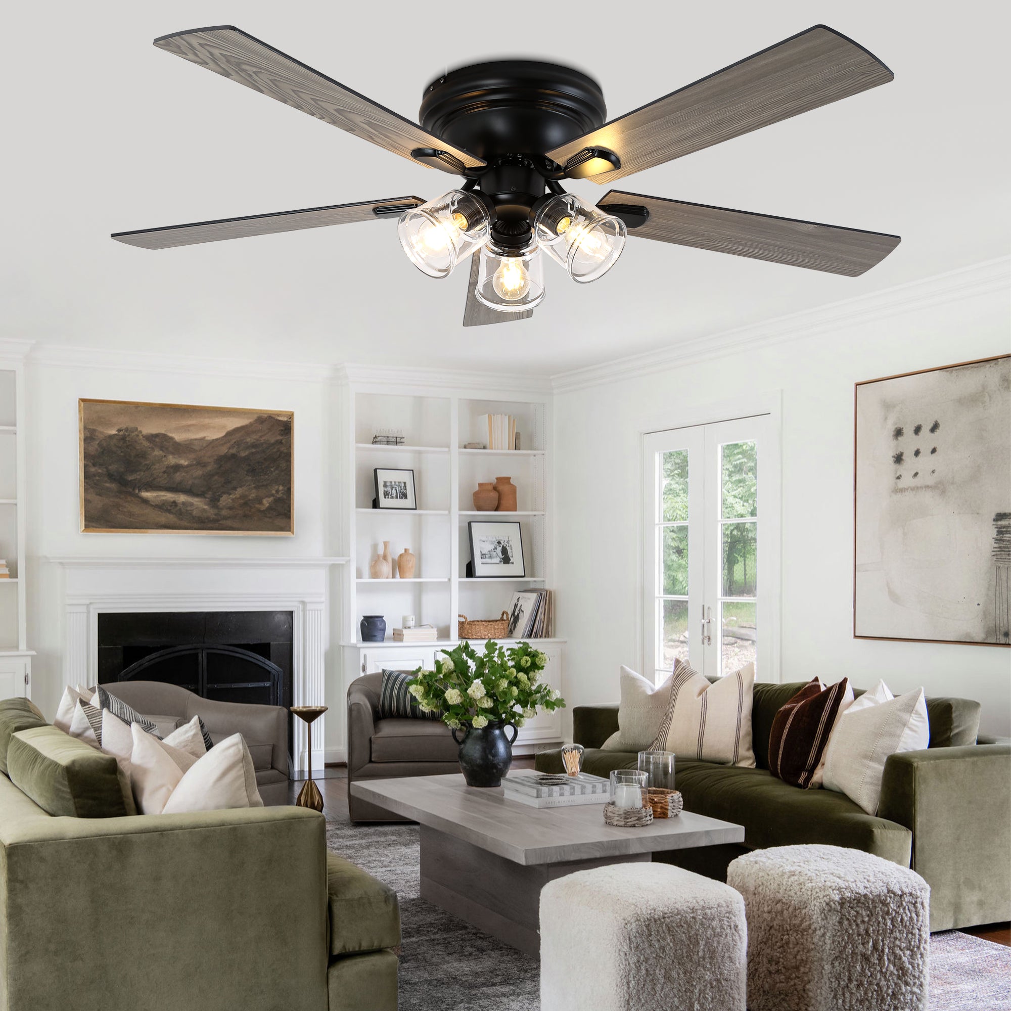 52/60 Inch Black Farmhouse Flush Mount Ceiling Fan with Lights and Remote Control, 6 Speeds DC Motor Low Profile Ceiling Fan with Glass Shade