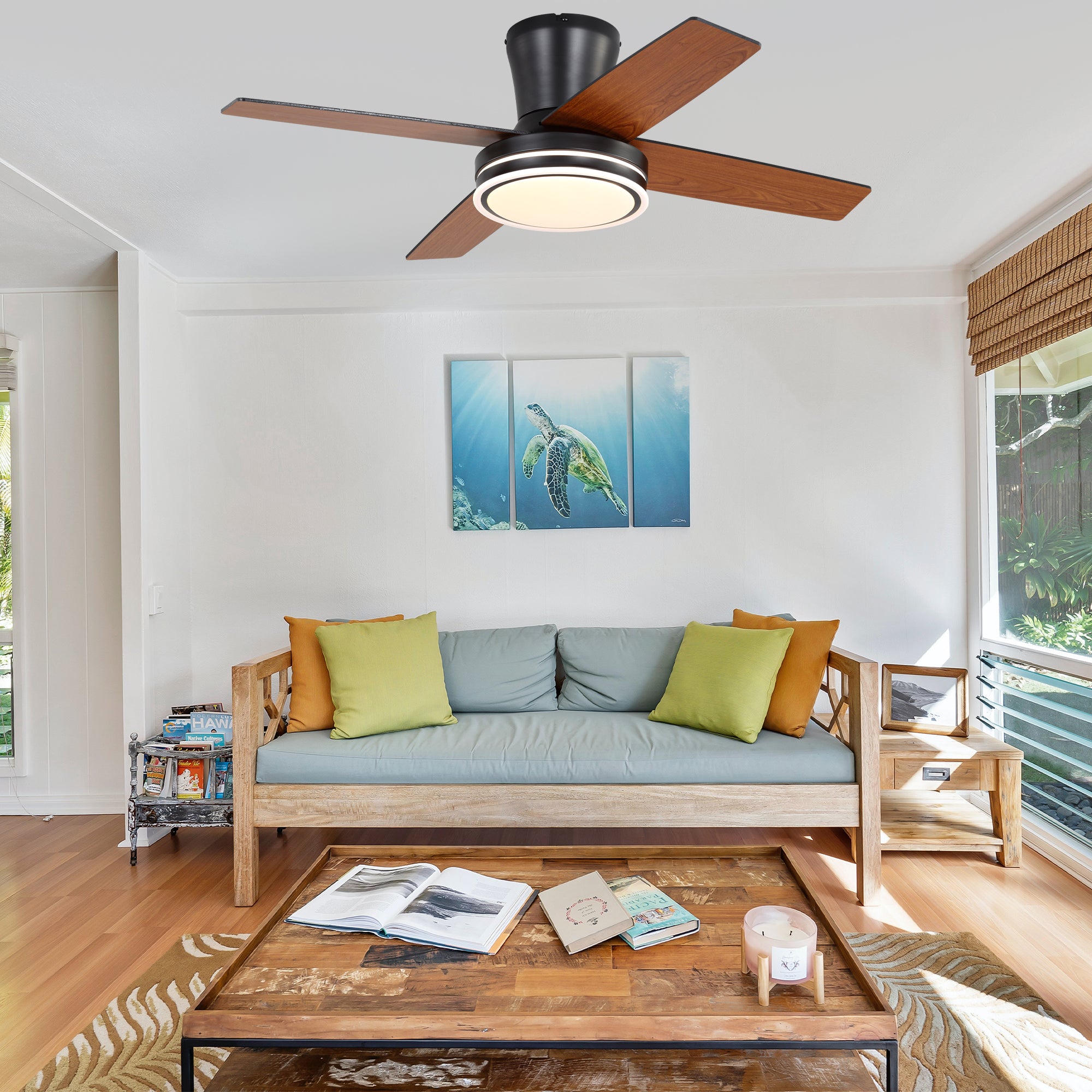 44 Inch Black/Chrome Modern Flush Mount Ceiling Fan with Dimmable LED Lights and Remote, 6 Speeds DC Motor Low Profile Ceiling Fan