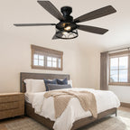 52 Inch Black Farmhouse Industrial Flush Mount Ceiling Fan with Lights and Remote, 6 Speeds DC Motor Reversible Low Profile Ceiling Fan