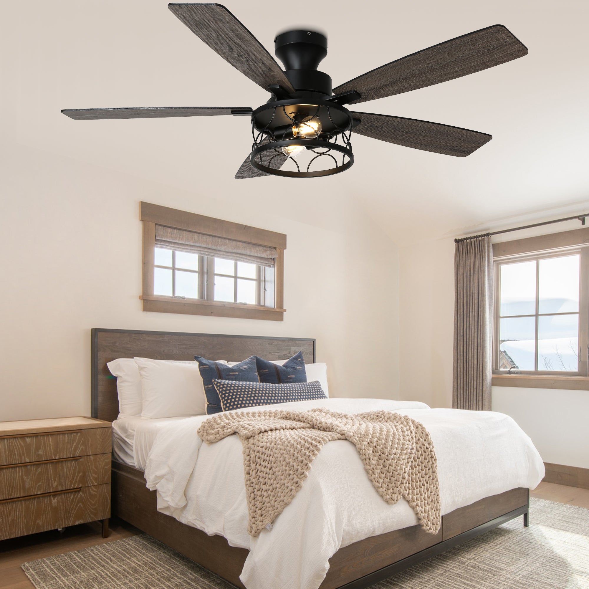 52 Inch Black Farmhouse Industrial Flush Mount Ceiling Fan with Lights and Remote, 6 Speeds DC Motor Reversible Low Profile Ceiling Fan