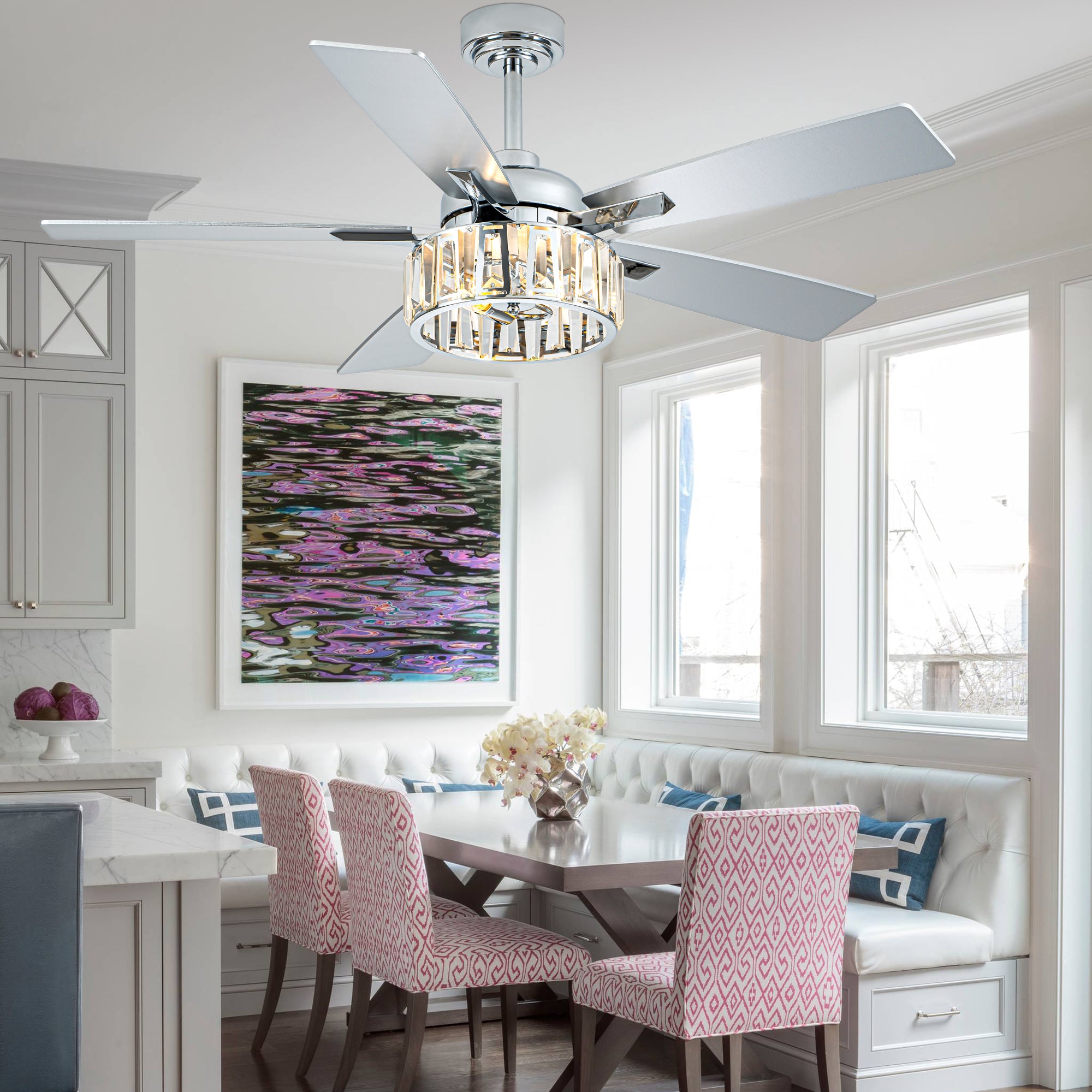 52 Inch Chrome Contemporary Glam Ceiling Fan with Lights and Remote Control, 6 Speeds Reversible Ceiling Fan with Crystals