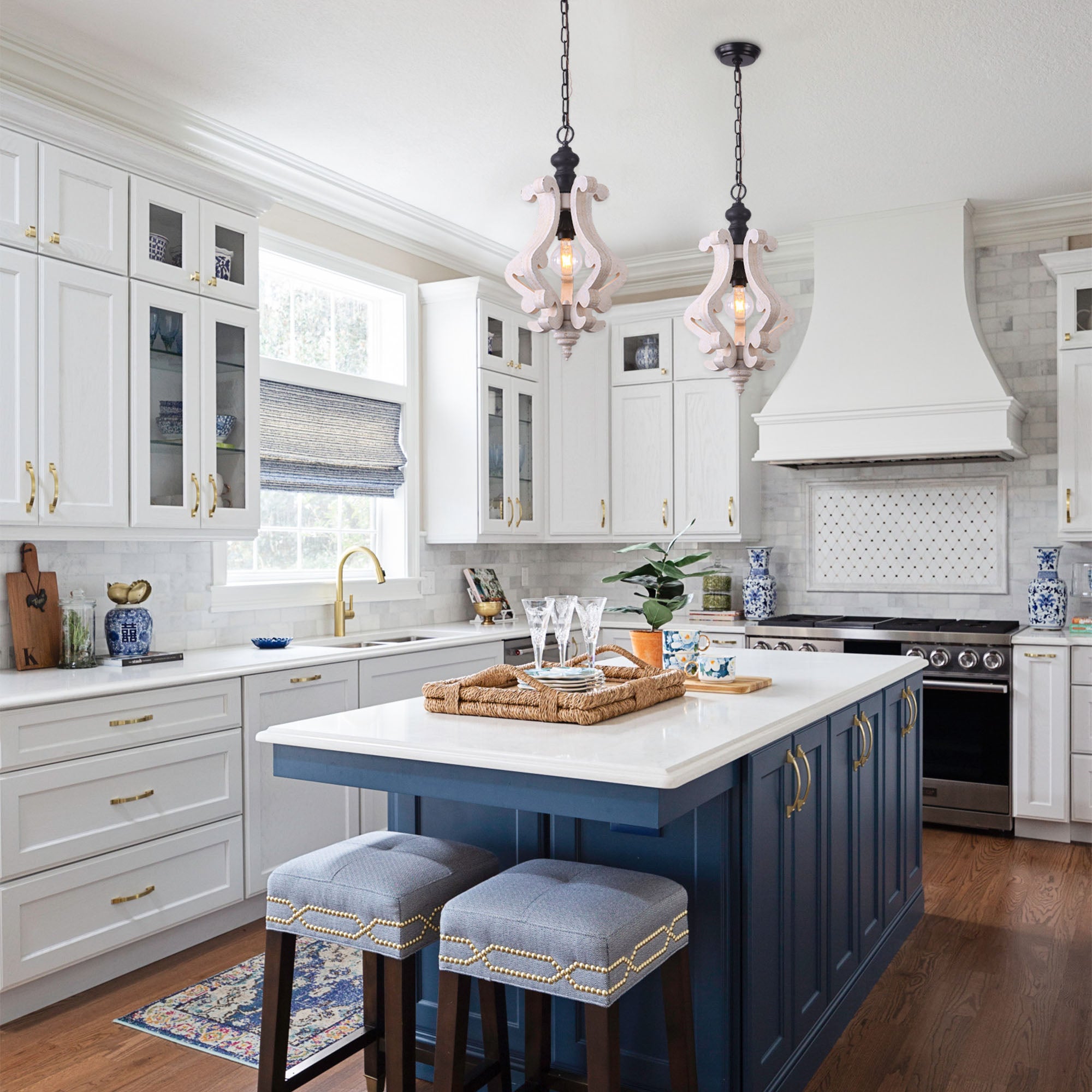 1 - Light Rustic Distressed Wood/White Chandelier, 12.6" Wooden Farmhouse Chandelier Kitchen Island Light Pendant Light