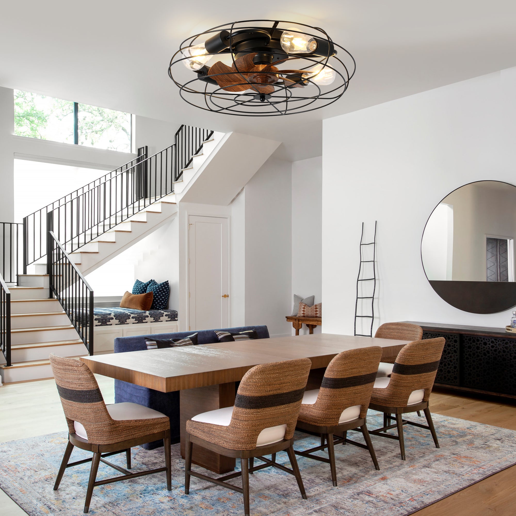 20 Inch Farmhouse Industrial Flush Mount Ceiling Fan with Lights and Remote, 6 Speeds DC Motor Bladeless Caged Ceiling Fan for Bedroom