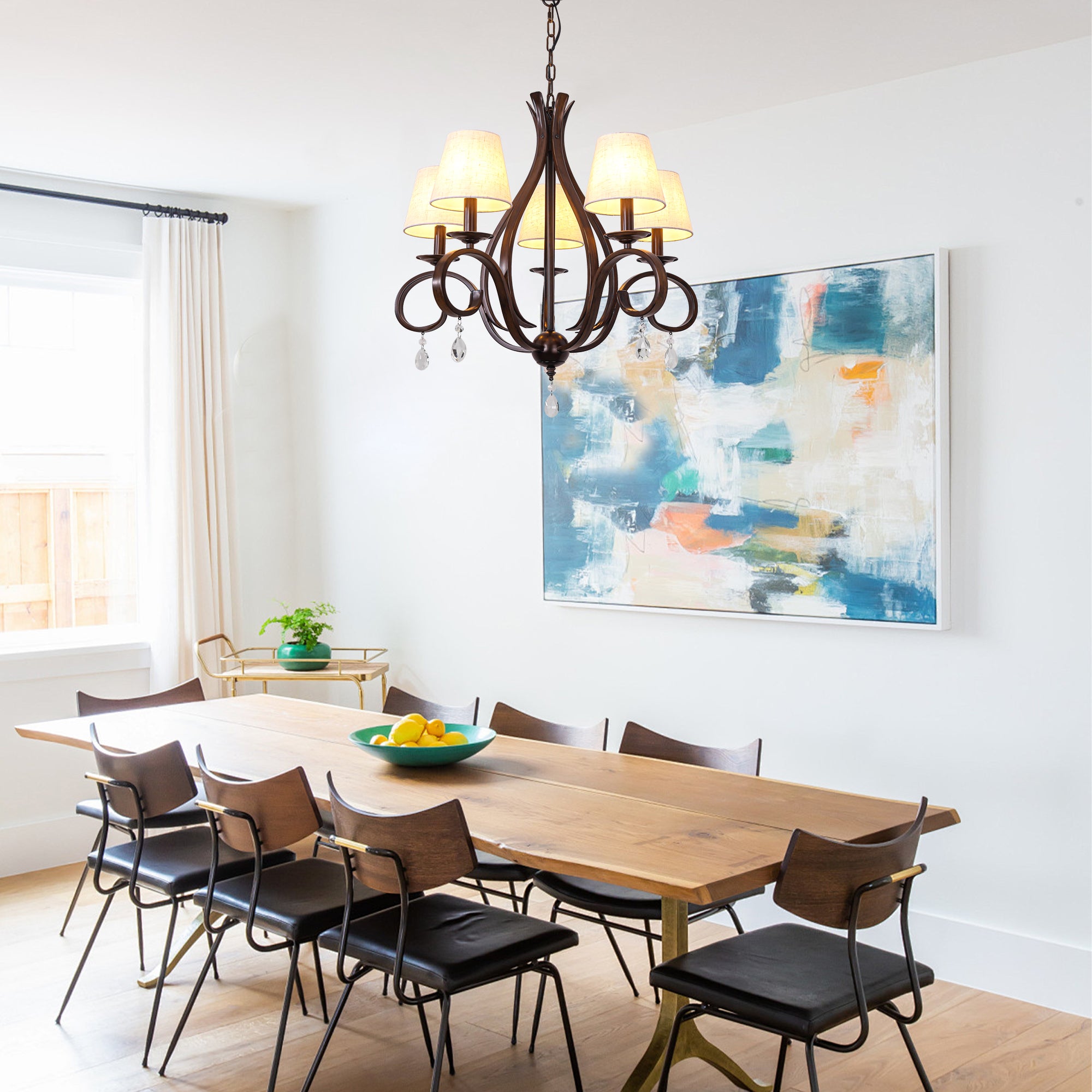 5 - Light Aged Brass Traditional Chandelier, Rustic Bronze Farmhouse Chandelier with Fabric Shades Candle Style Classic Chandelier for Living Room