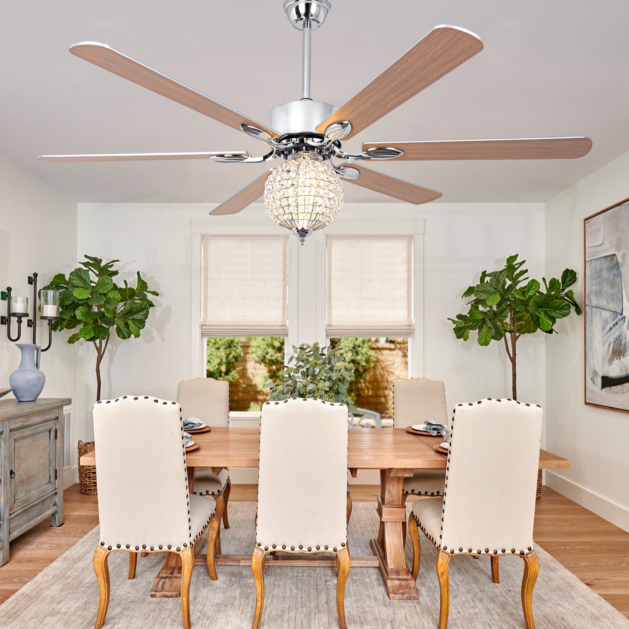 DC6509-BellaDepot 65" Luxury Crystal Ball Chrome Large Size Ceiling Fan with Remote Control, Silent Motor 6 Speeds Straight Leaf Fan with LED Lights