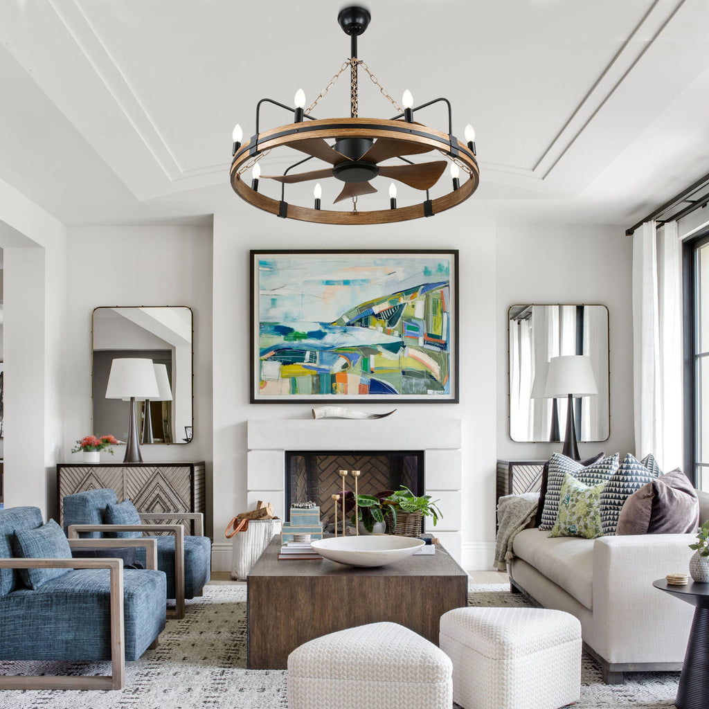 36 Inch Farmhouse Wagon Wheel Ceiling Fan with Lights and Remote Control, 6 Speeds DC Motor Bladeless Fandelier Ceiling Fan