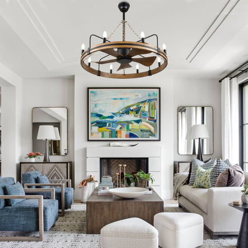 36 Inch Farmhouse Wagon Wheel Ceiling Fan with Lights and Remote Control, 6 Speeds DC Motor Bladeless Fandelier Ceiling Fan