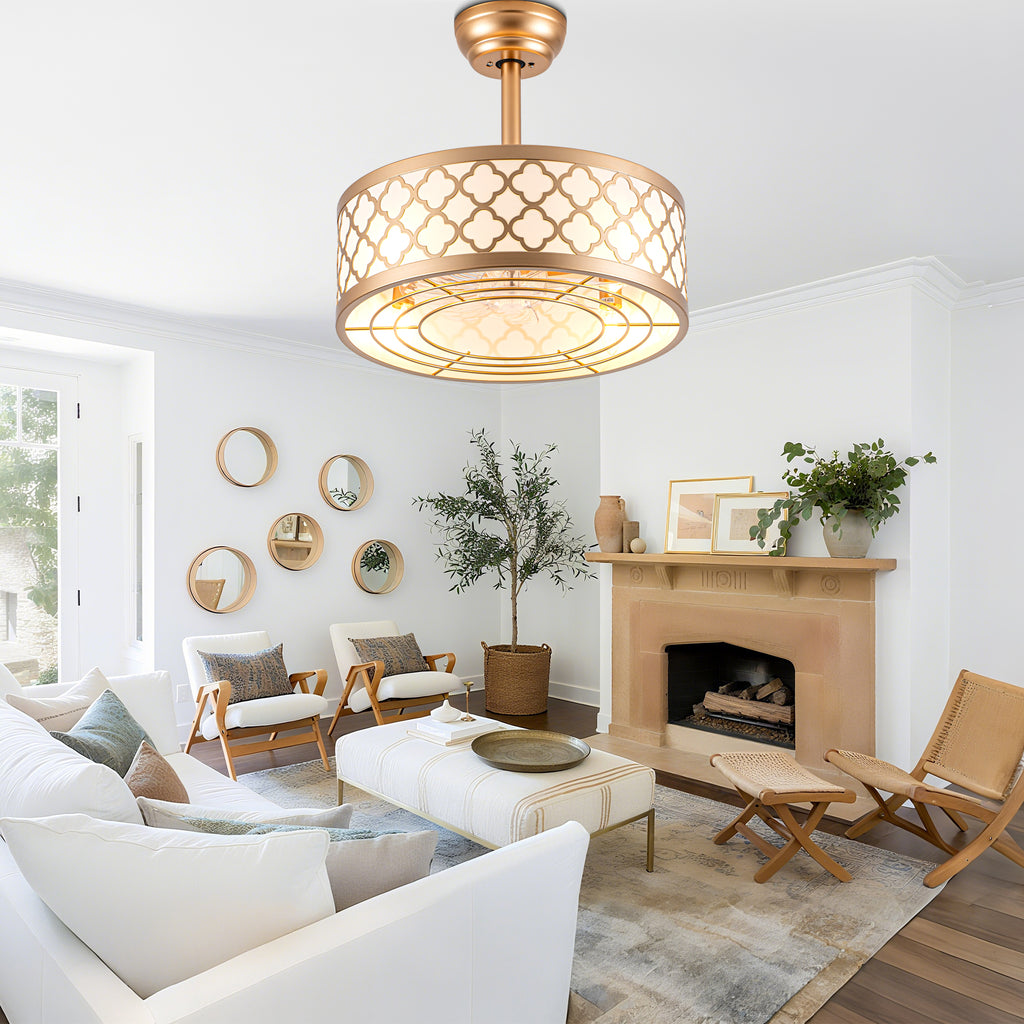 18 Inch Gold Drum Caged Ceiling Fan with Lights and Remote, 6 Speeds DC Motor Reversible Bladeless Fandelier Ceiling Fan