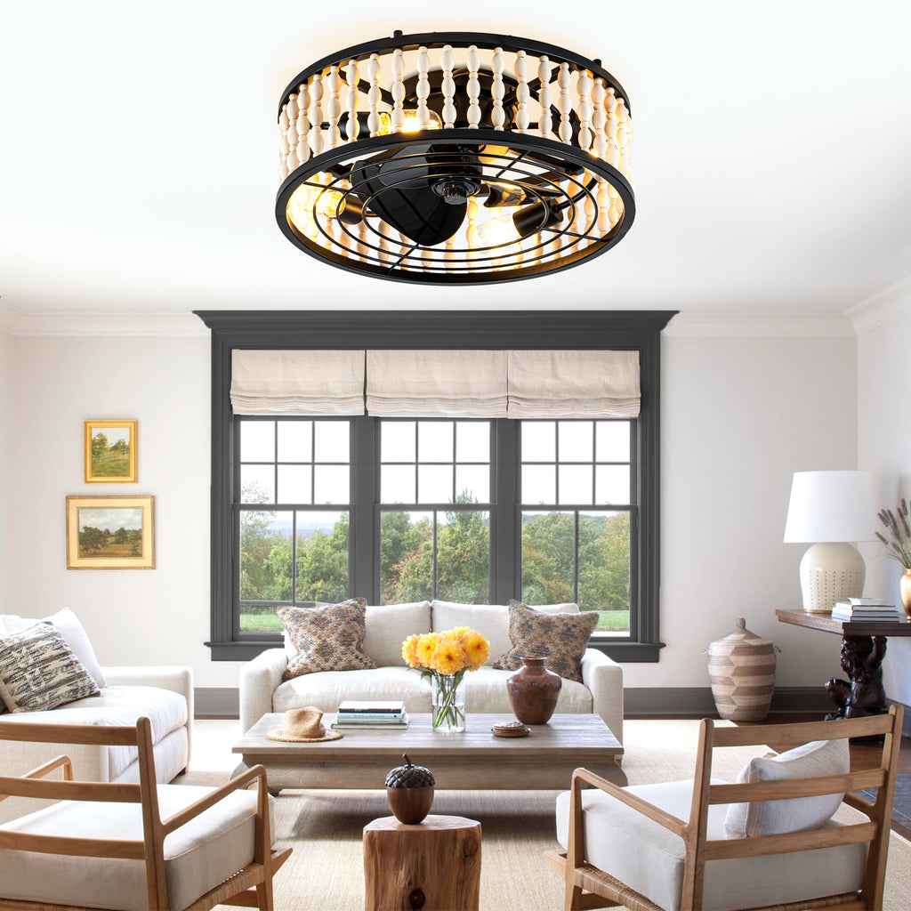 19 Inch Black Farmhouse Flush Mount Ceiling Fan with Lights and Remote Control, 6 Speeds DC Motor Bladeless Ceiling Fan for Bedroom