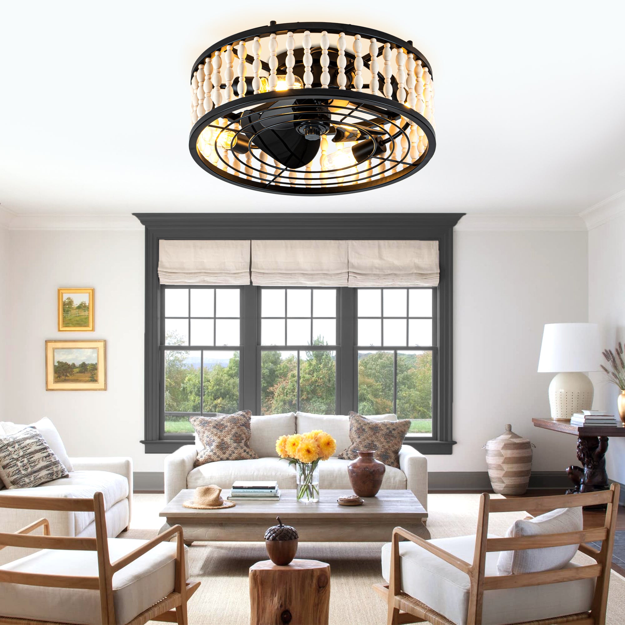 19 Inch Black Farmhouse Flush Mount Ceiling Fan with Lights and Remote Control, 6 Speeds DC Motor Bladeless Ceiling Fan for Bedroom