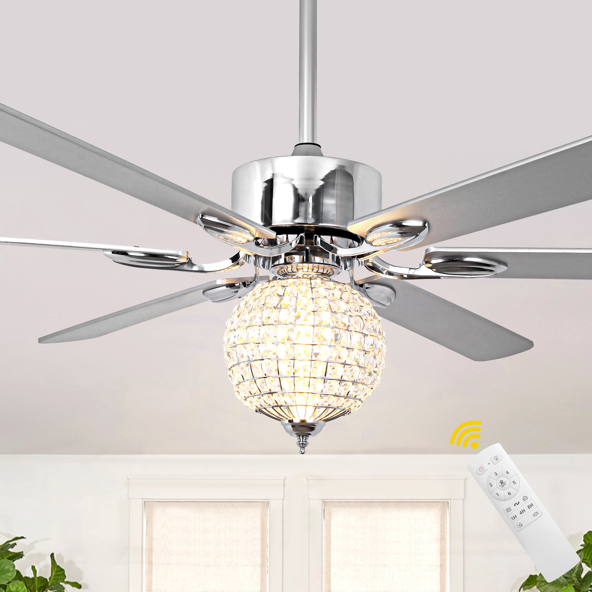 DC6509-BellaDepot 65" Luxury Crystal Ball Chrome Large Size Ceiling Fan with Remote Control, Silent Motor 6 Speeds Straight Leaf Fan with LED Lights