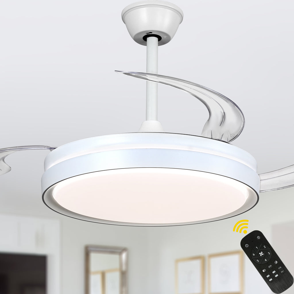 42 Inch Black/Gold/White Modern Retractable Ceiling Fan with LED Light and Remote, 6 Speeds DC Motor Bladeless Ceiling Fan for Bedroom