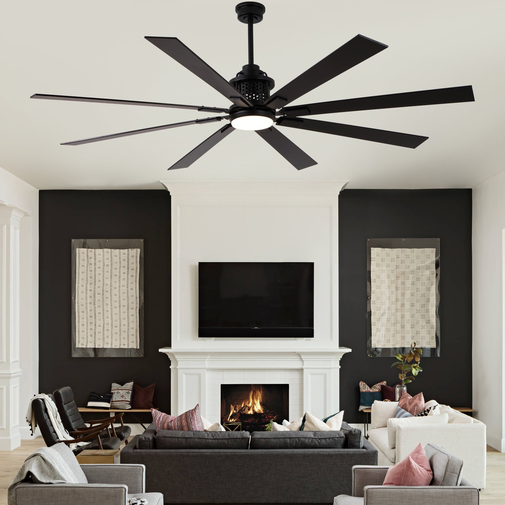 72 Inch Black Industrial Extra Large Ceiling Fan with LED Light and Remote, 6 Speeds DC Motor Reversible Ceiling Fan for Large Room