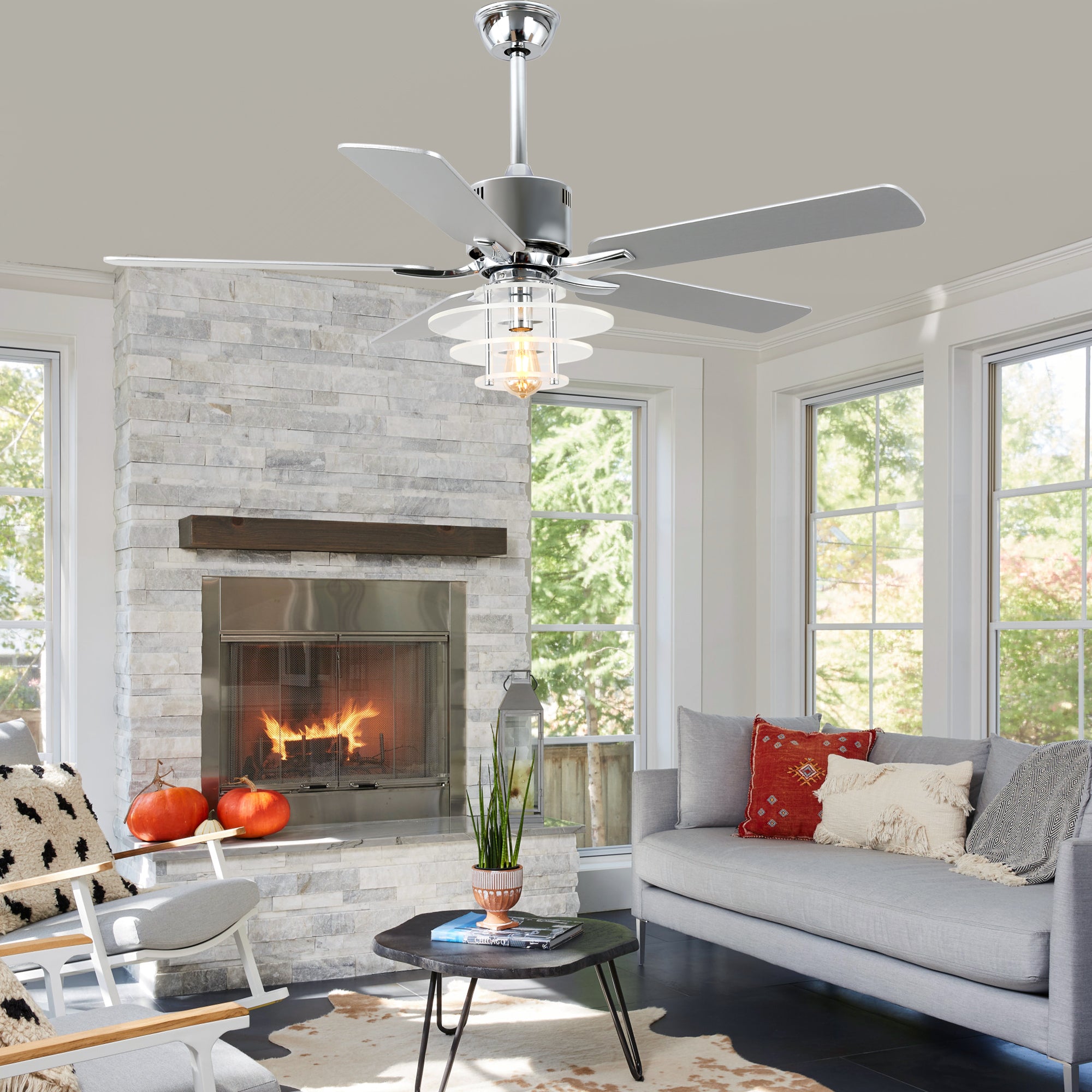 DC5222-B/C-BellaDepot 52" Modern Black or Chrome Acrylic Shade Ceiling Fan with Remote Control, 5 Blades Standard Ceiling Fan with Lights