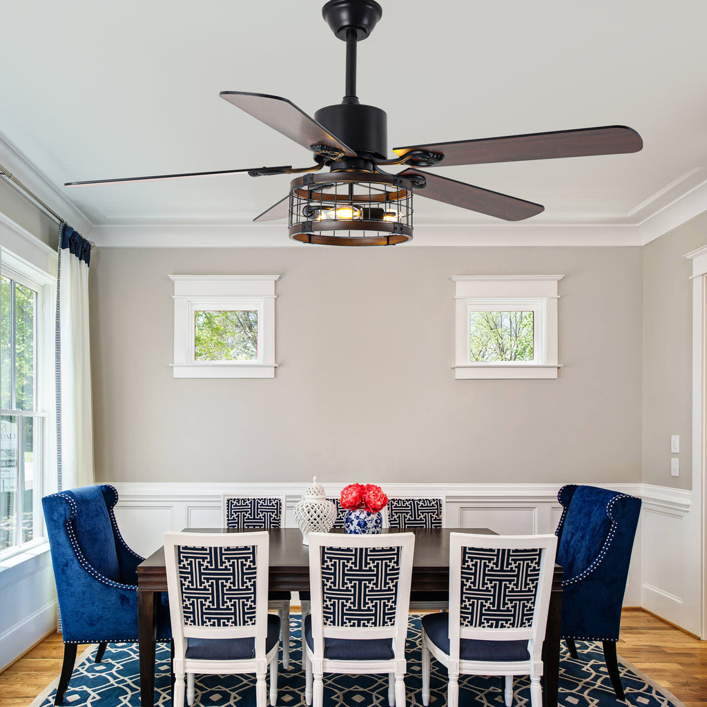 52 Inch Industrial Farmhouse Ceiling Fan with Lights and Remote Control, 6 Speeds Reversible Caged Ceiling Fan for Living Room