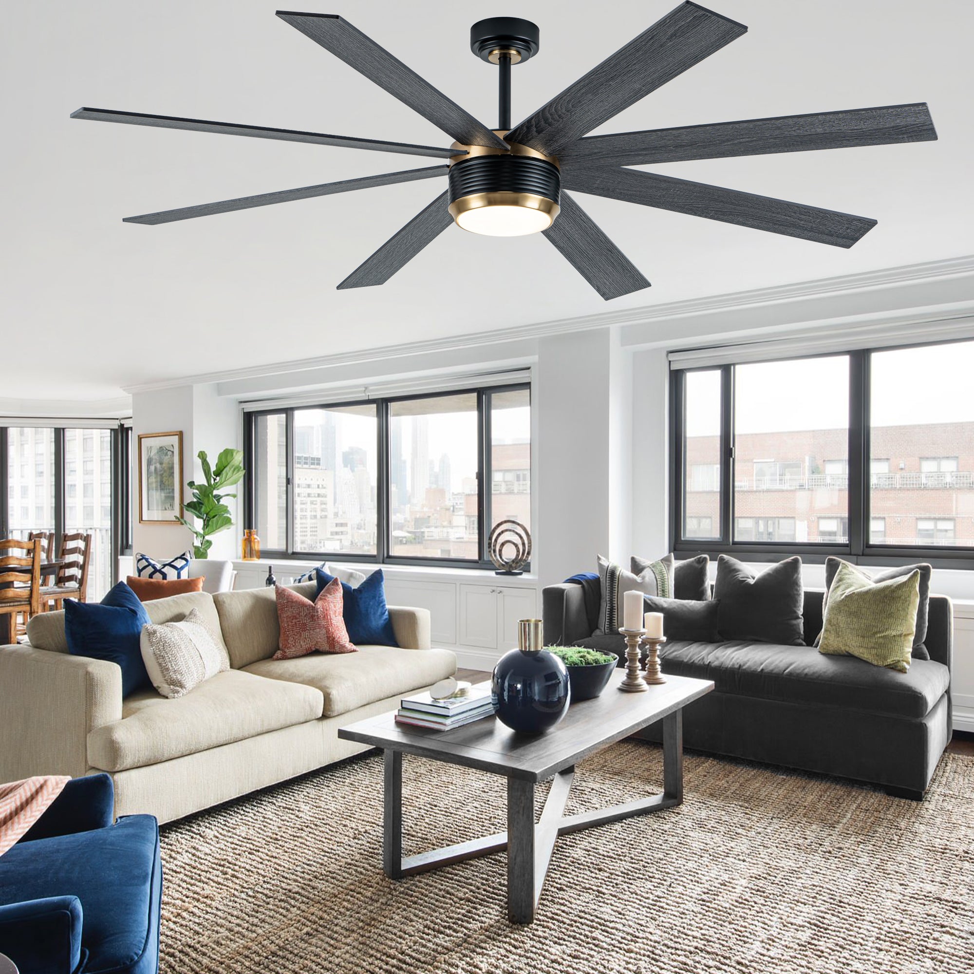 72 Inches Extra Large Ceiling Fan with Dimmable LED Light and Remote, 6 Speeds DC Motor Black Ceiling Fan 8-Blade Reversible Ceiling Fan for Large Room