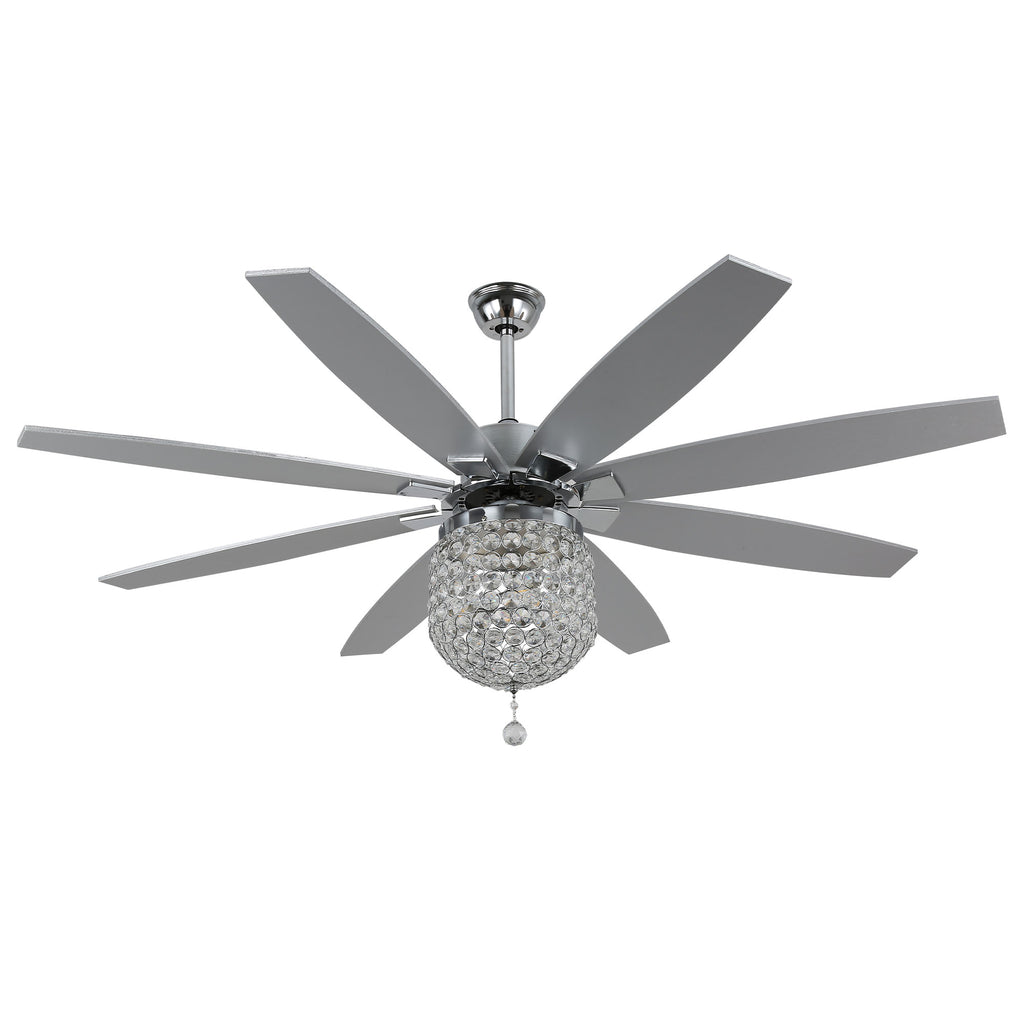 DC6504-BellaDepot 65" 8 Wooden Blades Silver Finish Crystal Reversible Ceiling Fan with Remote and 3 Lights, Large Size 6-speed Ceiling Fan