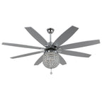 DC6504-BellaDepot 65" 8 Wooden Blades Silver Finish Crystal Reversible Ceiling Fan with Remote and 3 Lights, Large Size 6-speed Ceiling Fan