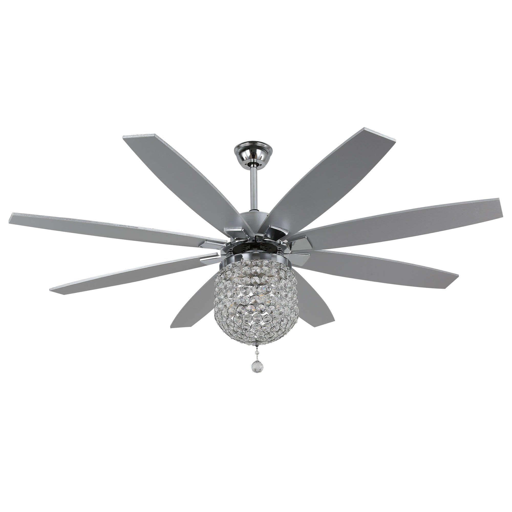 DC6504-BellaDepot 65" 8 Wooden Blades Silver Finish Crystal Reversible Ceiling Fan with Remote and 3 Lights, Large Size 6-speed Ceiling Fan
