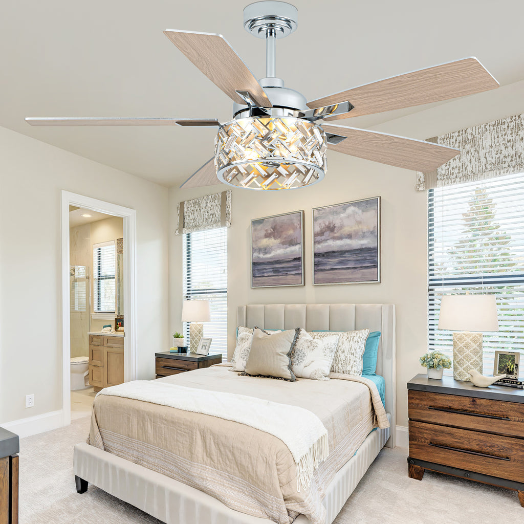 52 Inch Chrome Modern Luxury Crystal Ceiling Fan with Lights and Remote Control, 6 Speeds DC Motor Ceiling Fan