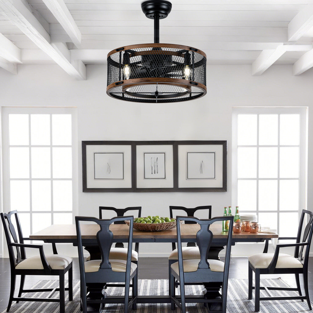 20 Inch Farmhouse Industrial Cage Ceiling Fan with Light and Remote, 6-Speed Reversible DC Motor Fandelier Bladeless Ceiling Fan