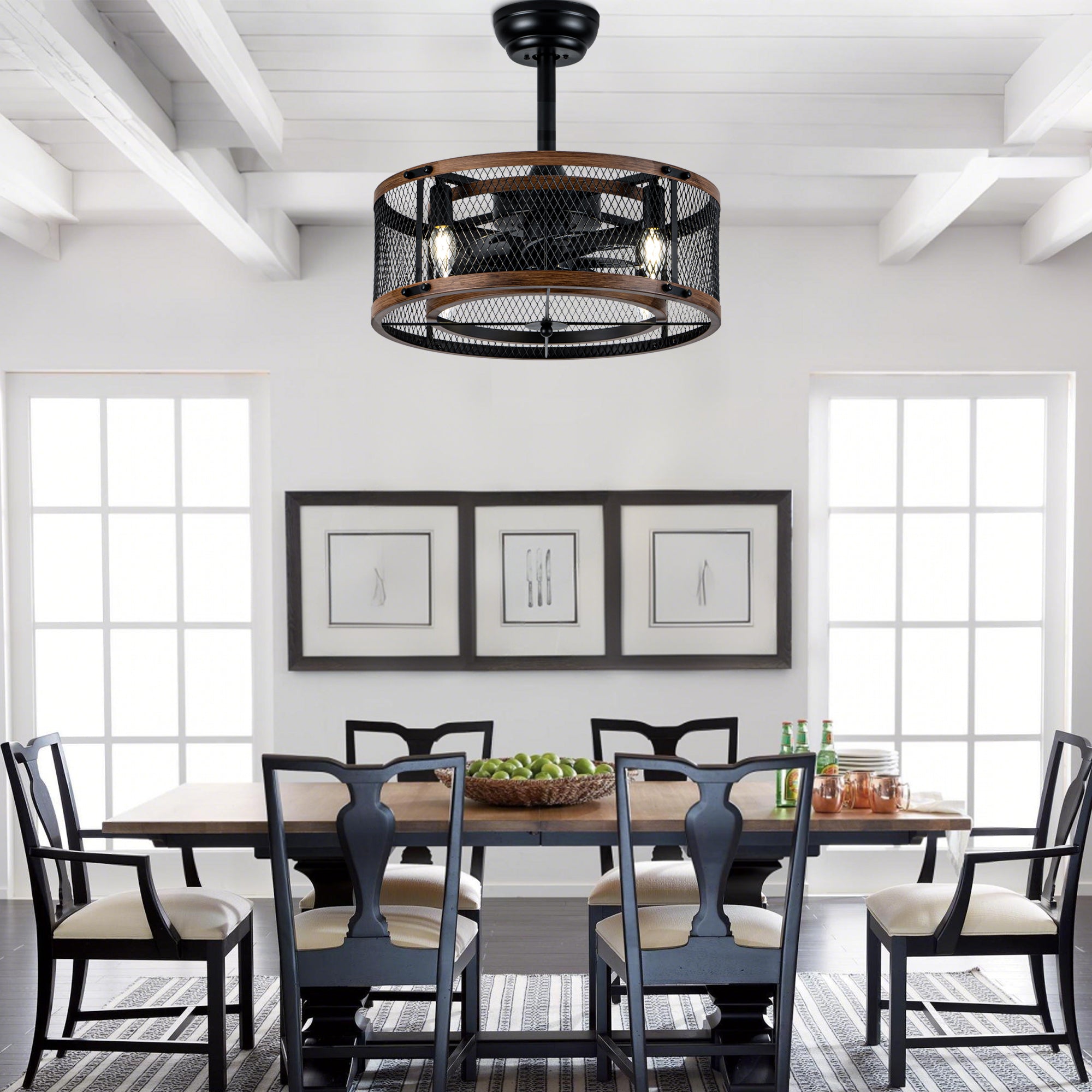 20 Inch Farmhouse Industrial Cage Ceiling Fan with Light and Remote, 6-Speed Reversible DC Motor Fandelier Bladeless Ceiling Fan