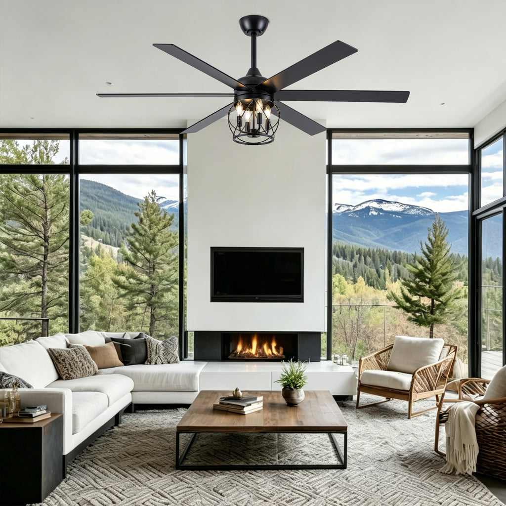 Industrial 60 Inch Caged Ceiling Fan with Light 6 Wood Blades Reversible Quiet DC Motor Ceiling Fan 3 Downrods with Remote Control Ceiling Fan Suit for Living Room, Bedroom