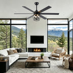 Industrial 60 Inch Caged Ceiling Fan with Light 6 Wood Blades Reversible Quiet DC Motor Ceiling Fan 3 Downrods with Remote Control Ceiling Fan Suit for Living Room, Bedroom