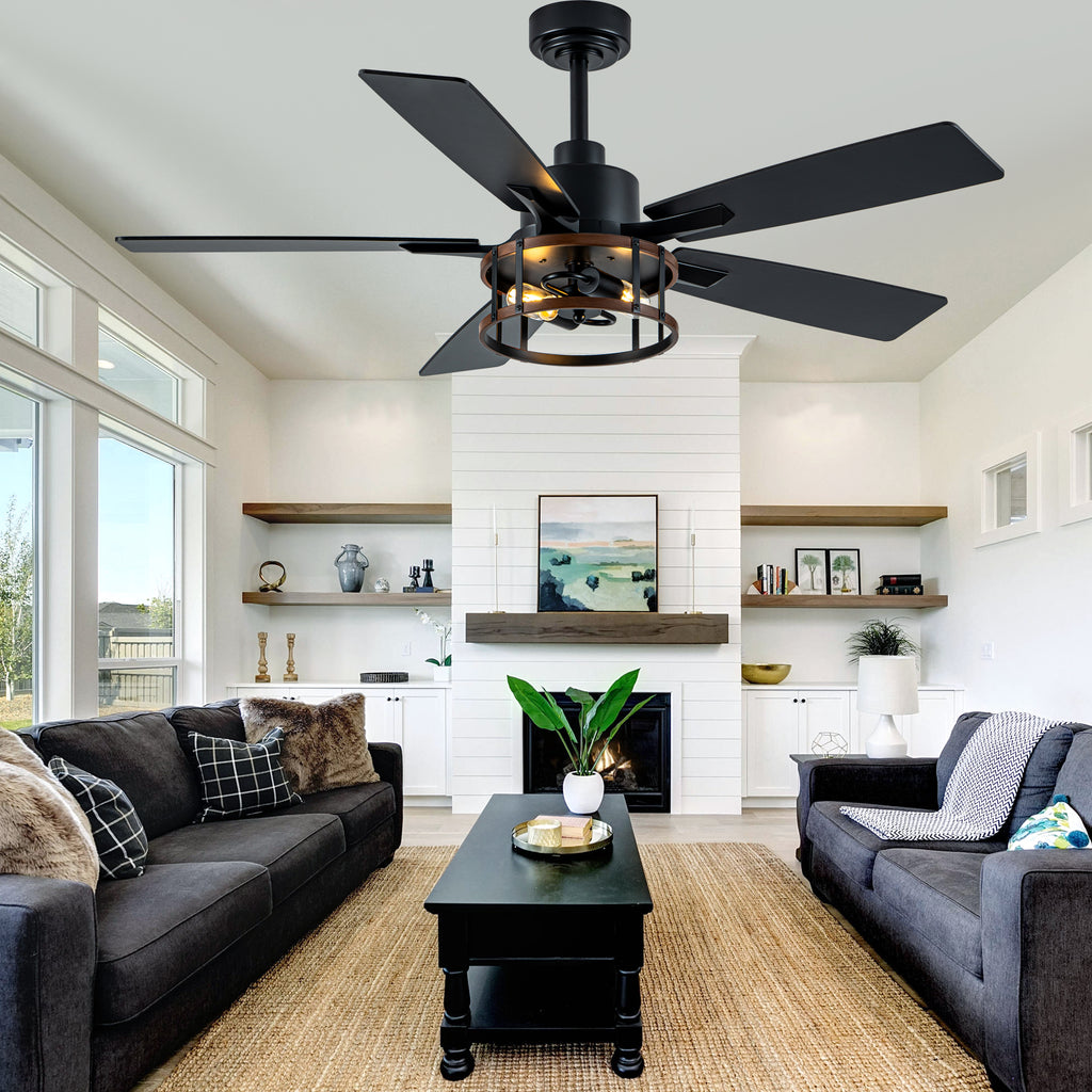 52 Inch Black Farmhouse Ceiling Fan with Lights and Remote Control,6 Speeds Dual-Finish Blades Caged Ceiling Fan