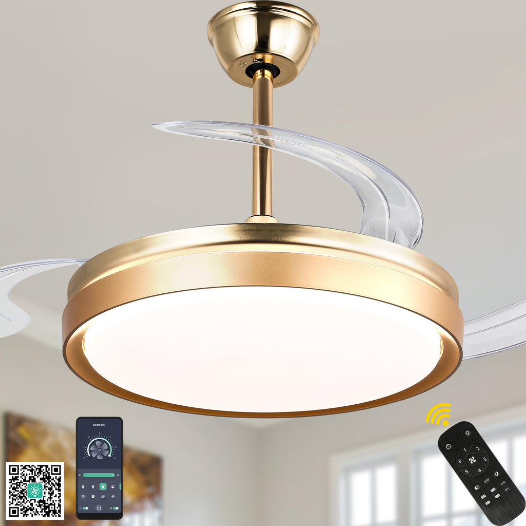 42 Inch Black/Gold/White Modern Retractable Ceiling Fan with LED Light and Remote, 6 Speeds DC Motor Bladeless Ceiling Fan for Bedroom