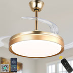 42 Inch Black/Gold/White Modern Retractable Ceiling Fan with LED Light and Remote, 6 Speeds DC Motor Bladeless Ceiling Fan for Bedroom