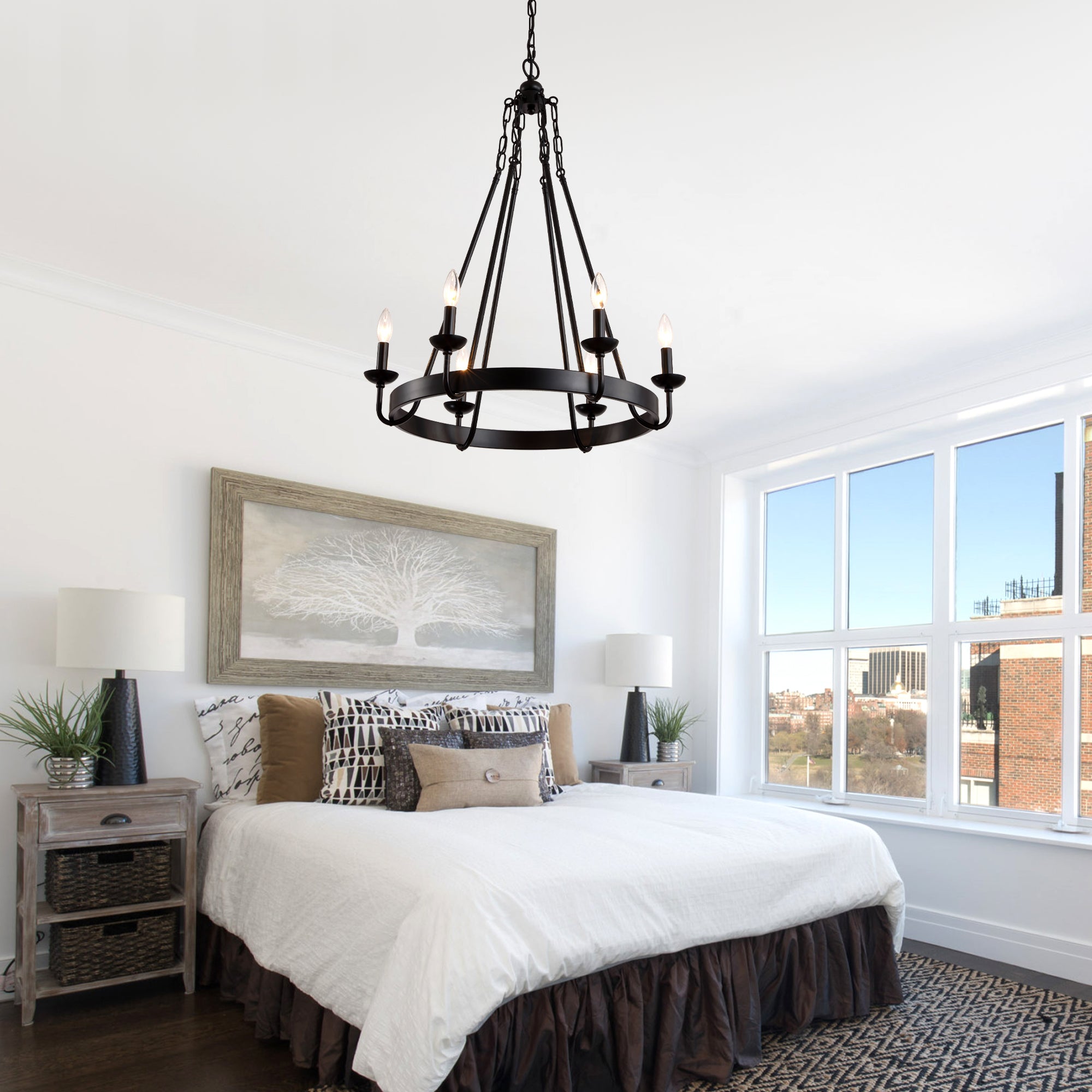 6 - Light Farmhouse Industrial Wagon Wheel Candle Chandelier, 25 Inch Round Matte Black Chandelier with Adjustable Chain, Rustic Candle-Style Pendant Light for Dining Room