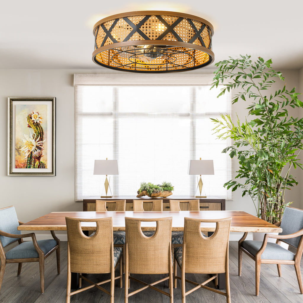 23 Inch Bohemian Rattan Flush Mount Ceiling Fan with Lights and Remote, 6 Speeds DC Motor Farmhouse Low Profile Bladeless Ceiling Fan
