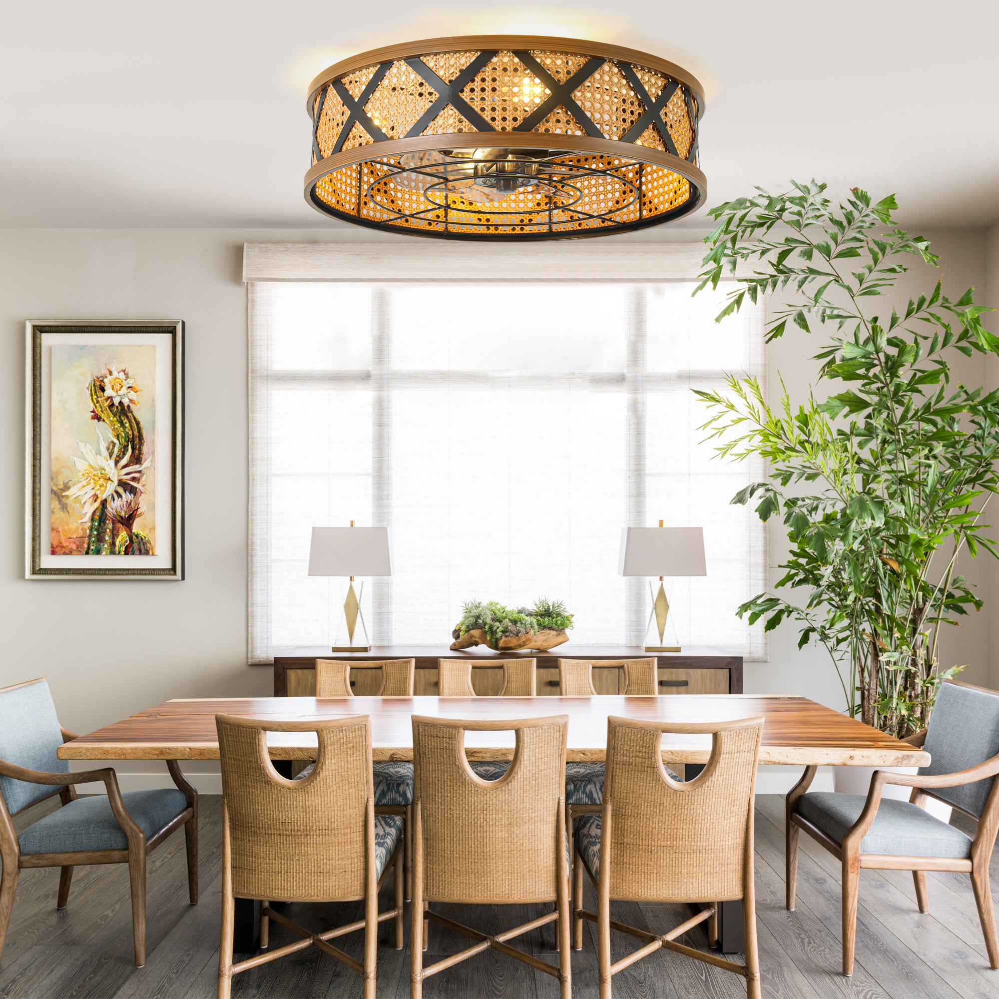 23 Inch Bohemian Rattan Flush Mount Ceiling Fan with Lights and Remote, 6 Speeds DC Motor Farmhouse Low Profile Bladeless Ceiling Fan